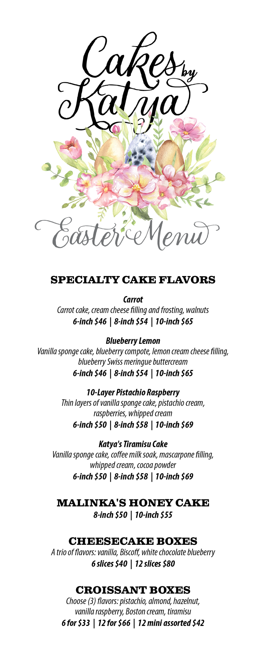 Cakes by Katya Easter Menu