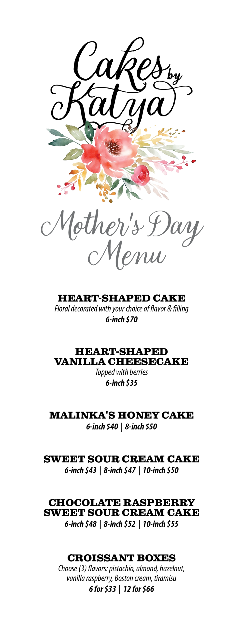 Cakes by Katya Mother's Day Menu